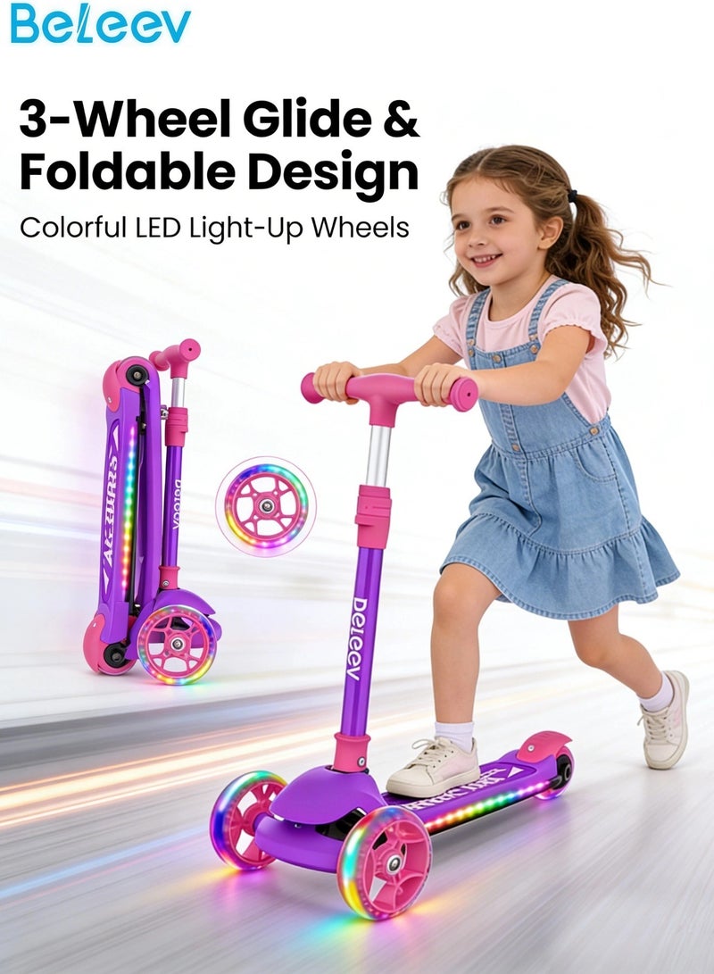 بيليف سكوتر للأطفال، سكوتر ثلاثي العجلات للأطفال مزود بعجلات ودواسات مضيئة بتقنية LED، سكوتر ثلاثي العجلات قابل للطي ومناسب للأطفال الصغار من الفتيات والفتيان، 4 مستويات قابلة للتعديل للارتفاع، دواسات مقاومة للانزلاق، خفيف الوزن وسهل الحمل، يتم التوجيه بالانحناء، سطح عريض للغاية، عجلات مضيئة للأطفال من عمر 3 سنوات فما فوق - Image 1